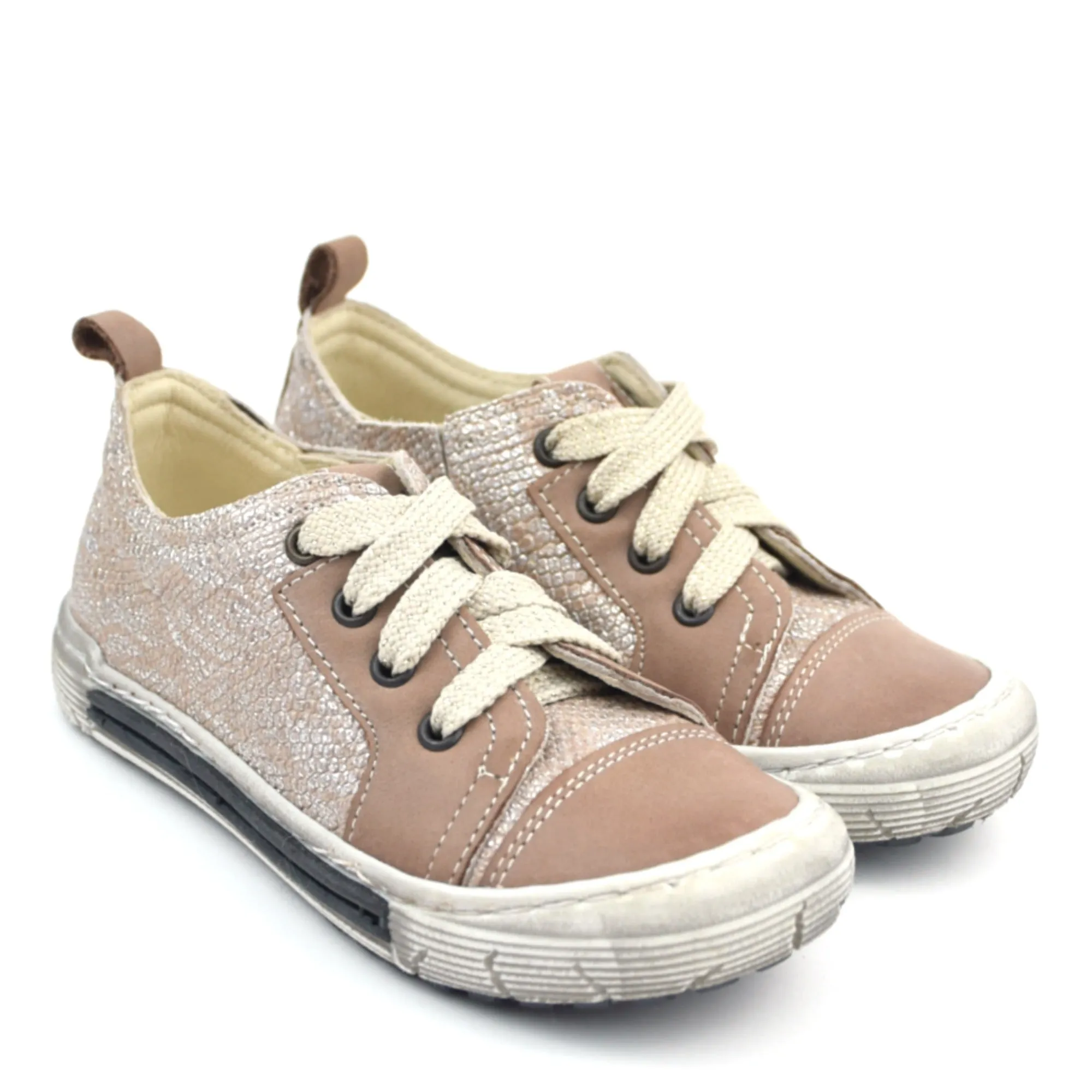 (2592B-9) Emel Low Lace Up Trainers brown silver