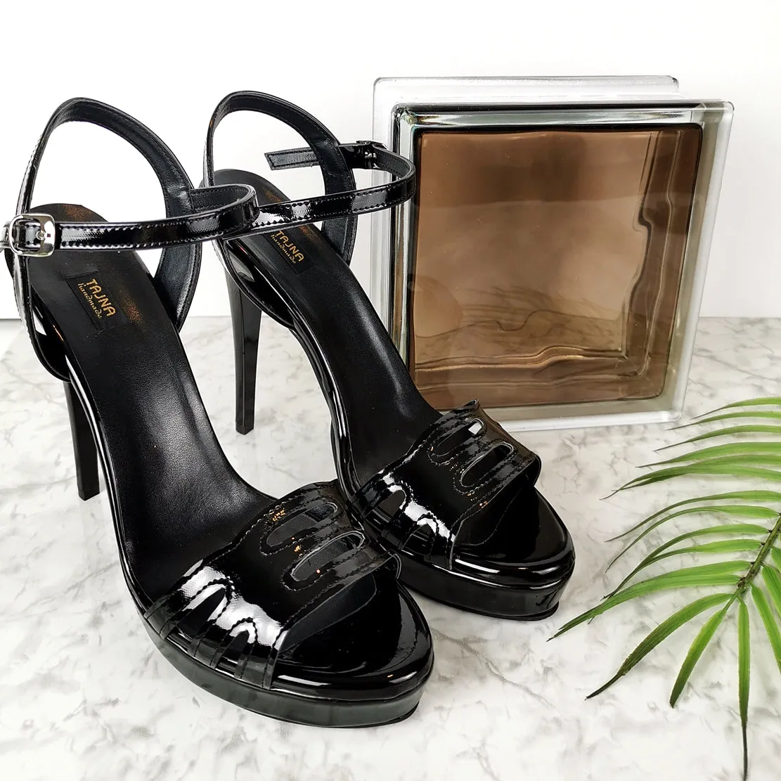 5.11 inches Black Gloss Laser Heel Sandals