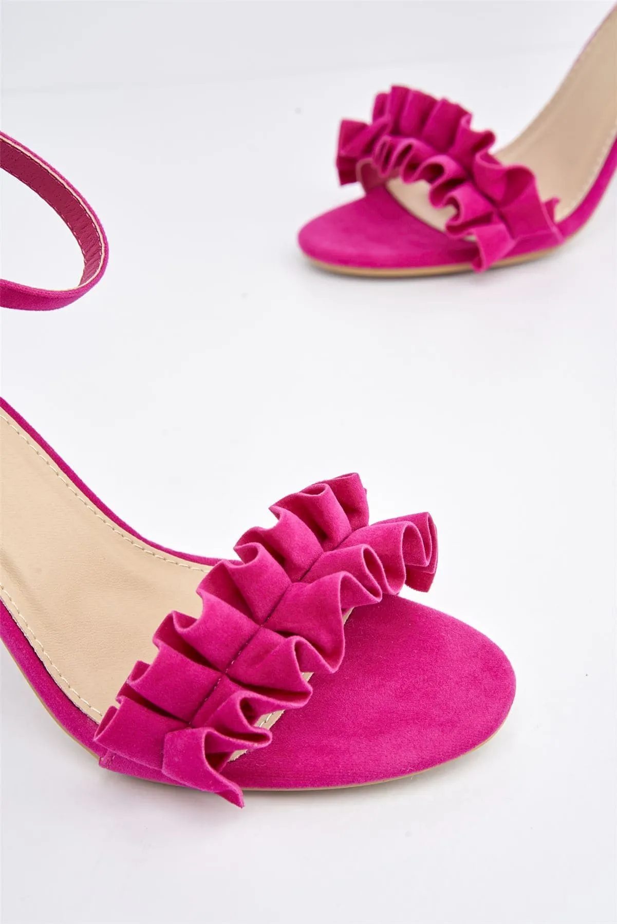 Ally Frill Detailed Anklestrap Sandal in Fuchsia Suede