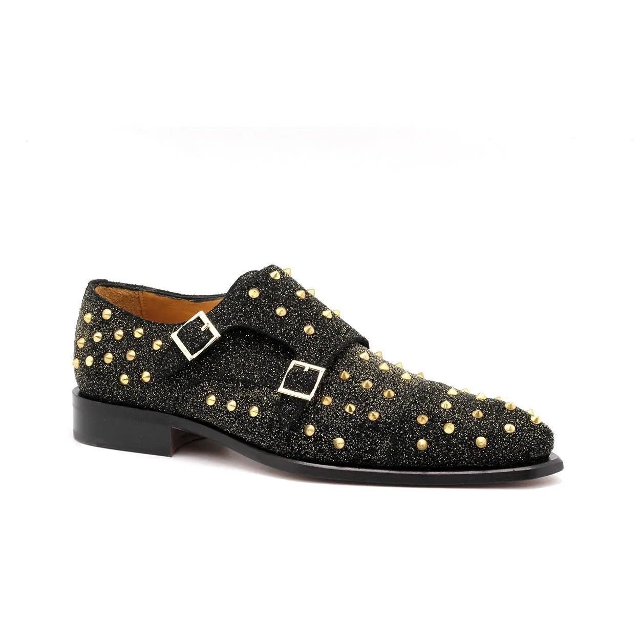 Ambrogio 40413-A147 Men's Shoes Black & Gold Glitter Suede Leather Monk-Straps Loafers (AMBX1005)