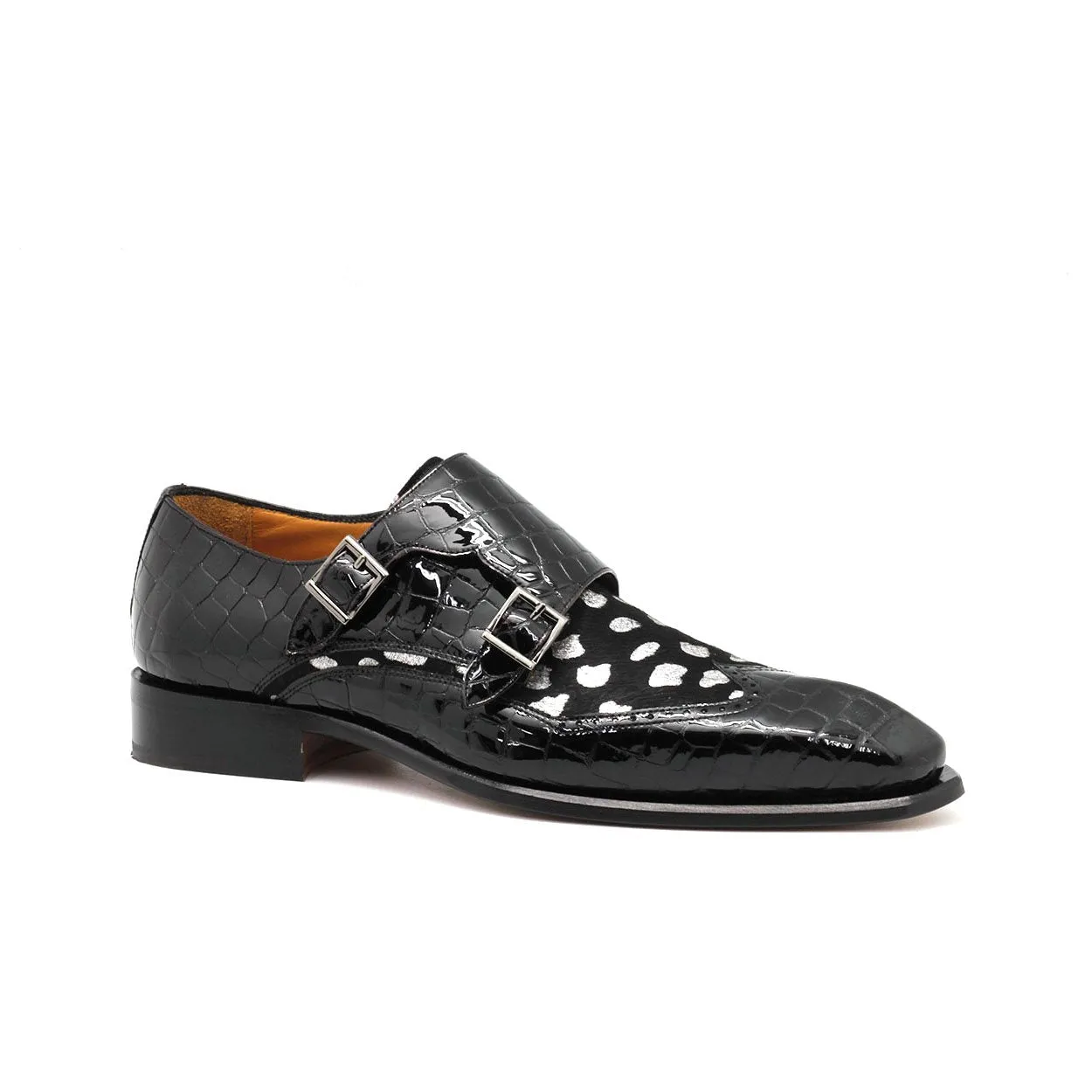 Ambrogio 40421-A147 Men's Shoes Black & White Corodile Print / Pony / Patent Leather Monk-Straps Loafers (AMBX1013)