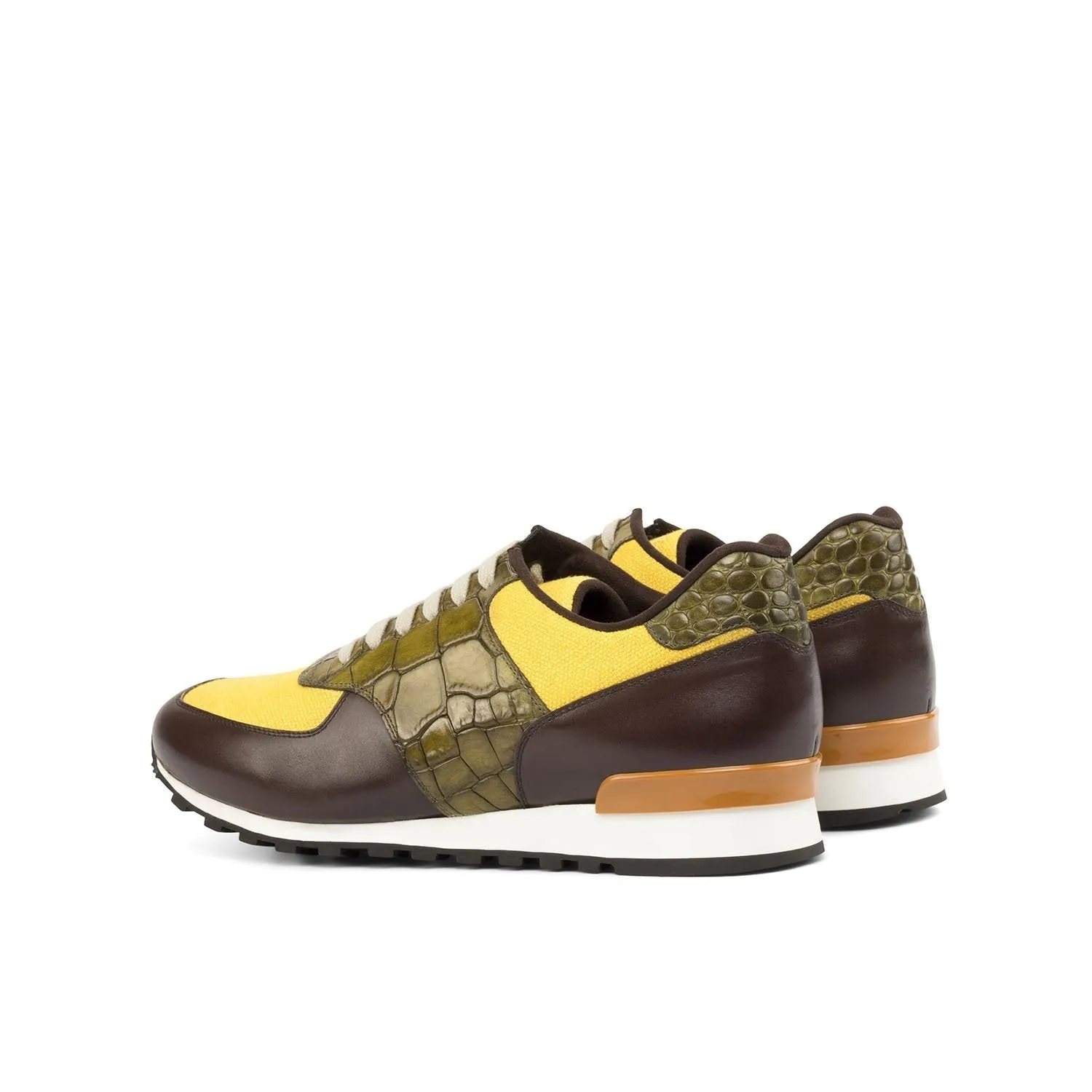 Ambrogio Bespoke Custom Men's Shoes Mustard, Brown & Olive Linen / Calf-Skin Leather Casual Sneakers (AMB1995)