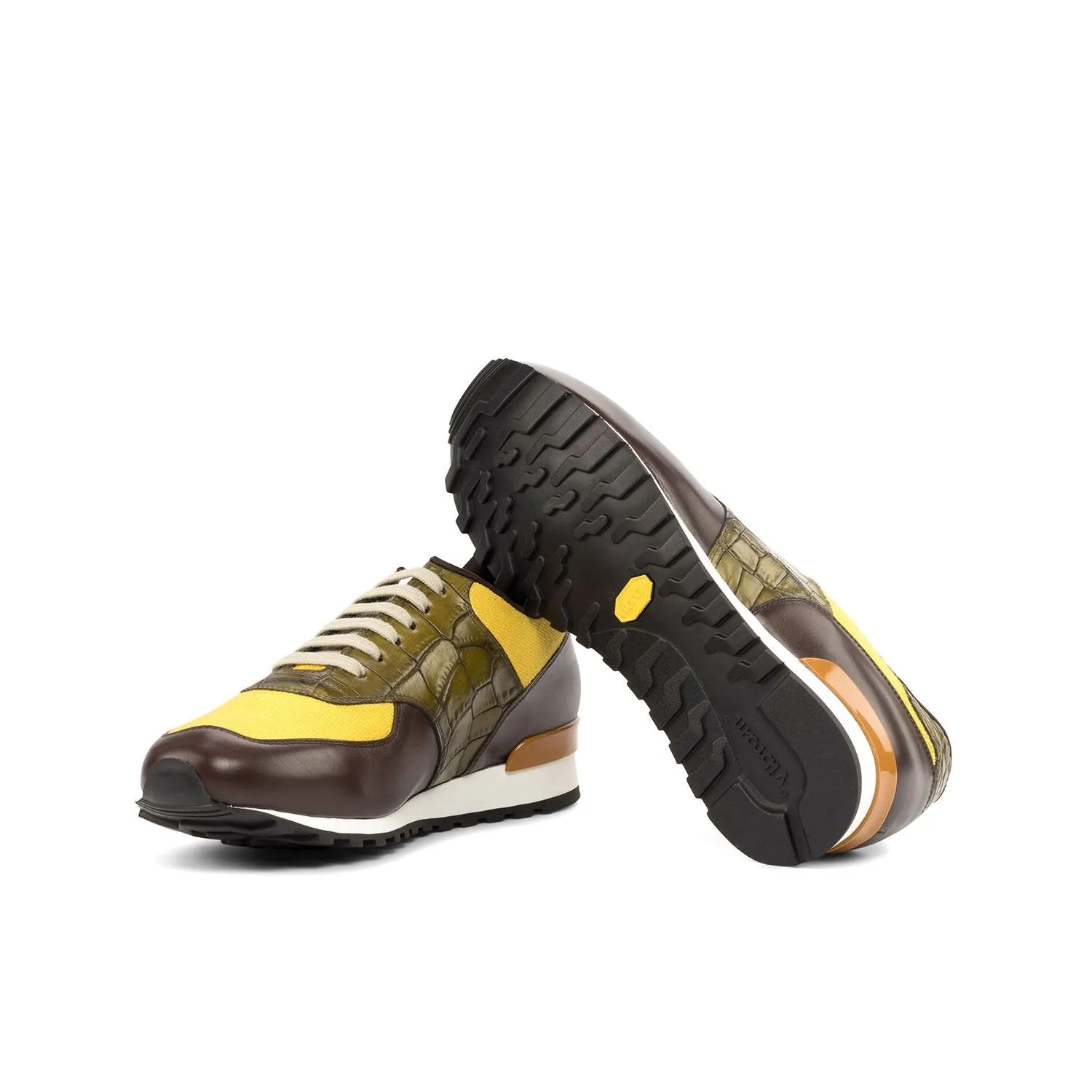 Ambrogio Bespoke Custom Men's Shoes Mustard, Brown & Olive Linen / Calf-Skin Leather Casual Sneakers (AMB1995)