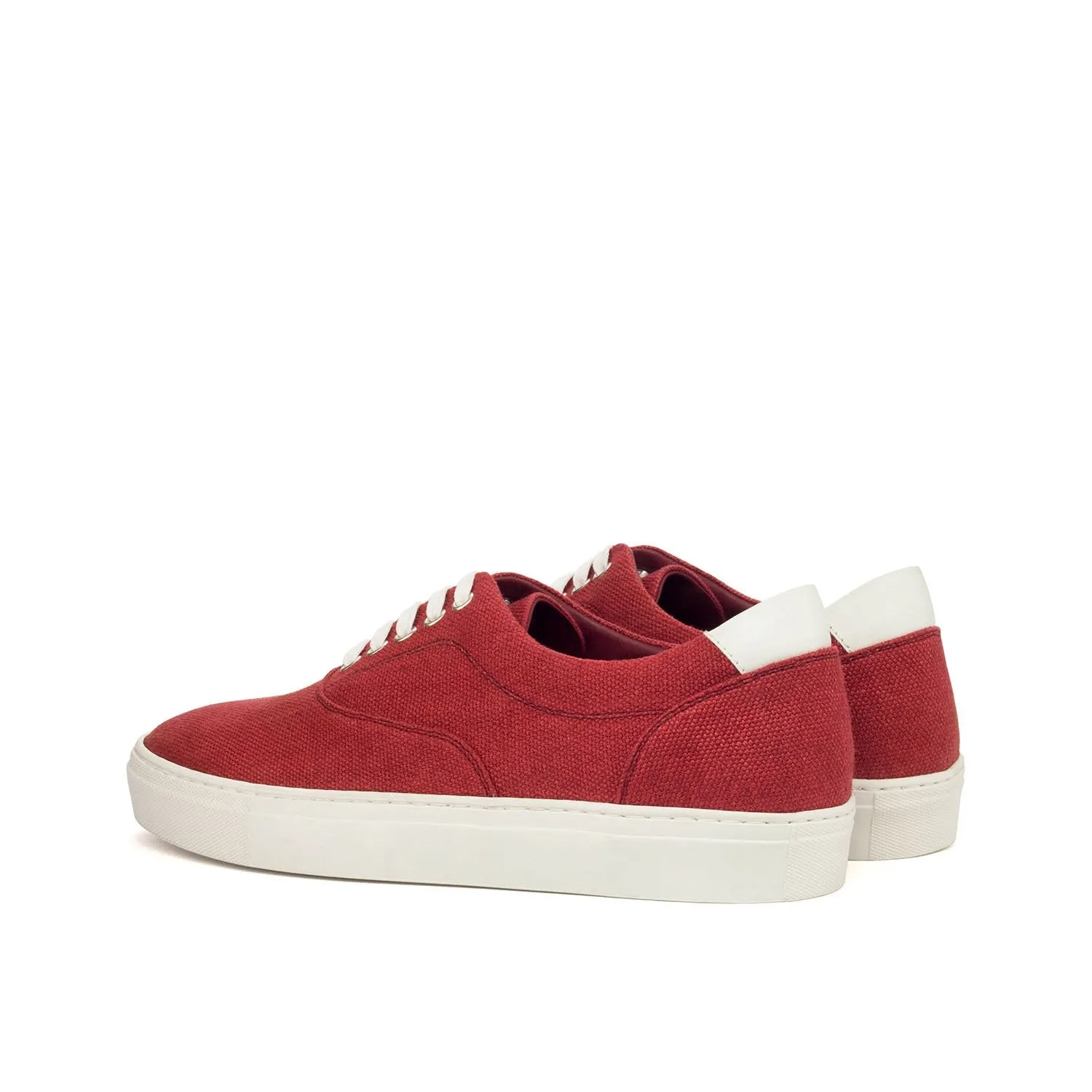 Ambrogio Bespoke Custom Men's Shoes Red & White Linen Fabric / Calf-Skin Leather Casual Sneakers (AMB2122)