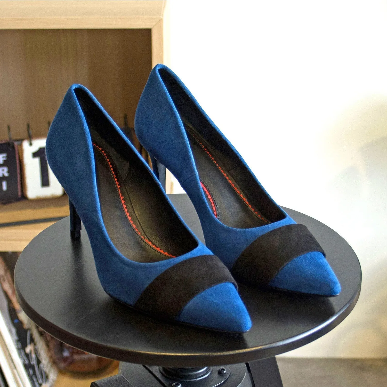 Ambrogio Bespoke Custom Women's Shoes Deep Blue & Black Suede Leather Milan Pumps (AMBW1133)