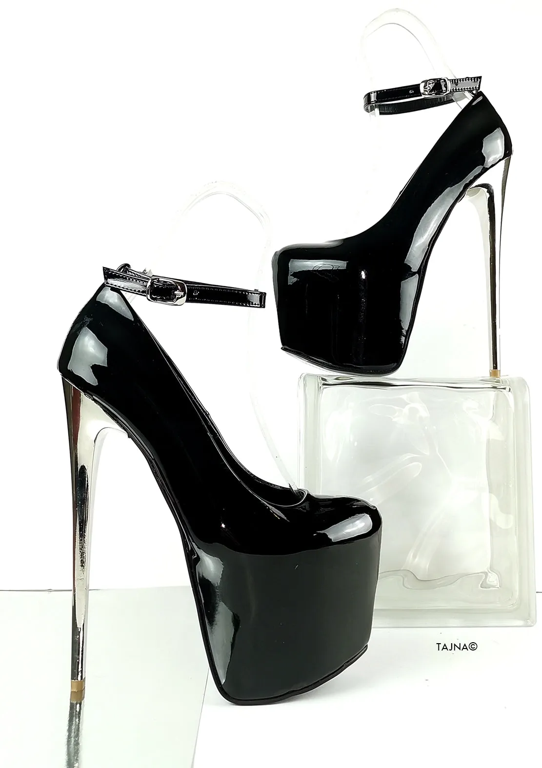 Ankle Strap Black Patent Metallic Heels