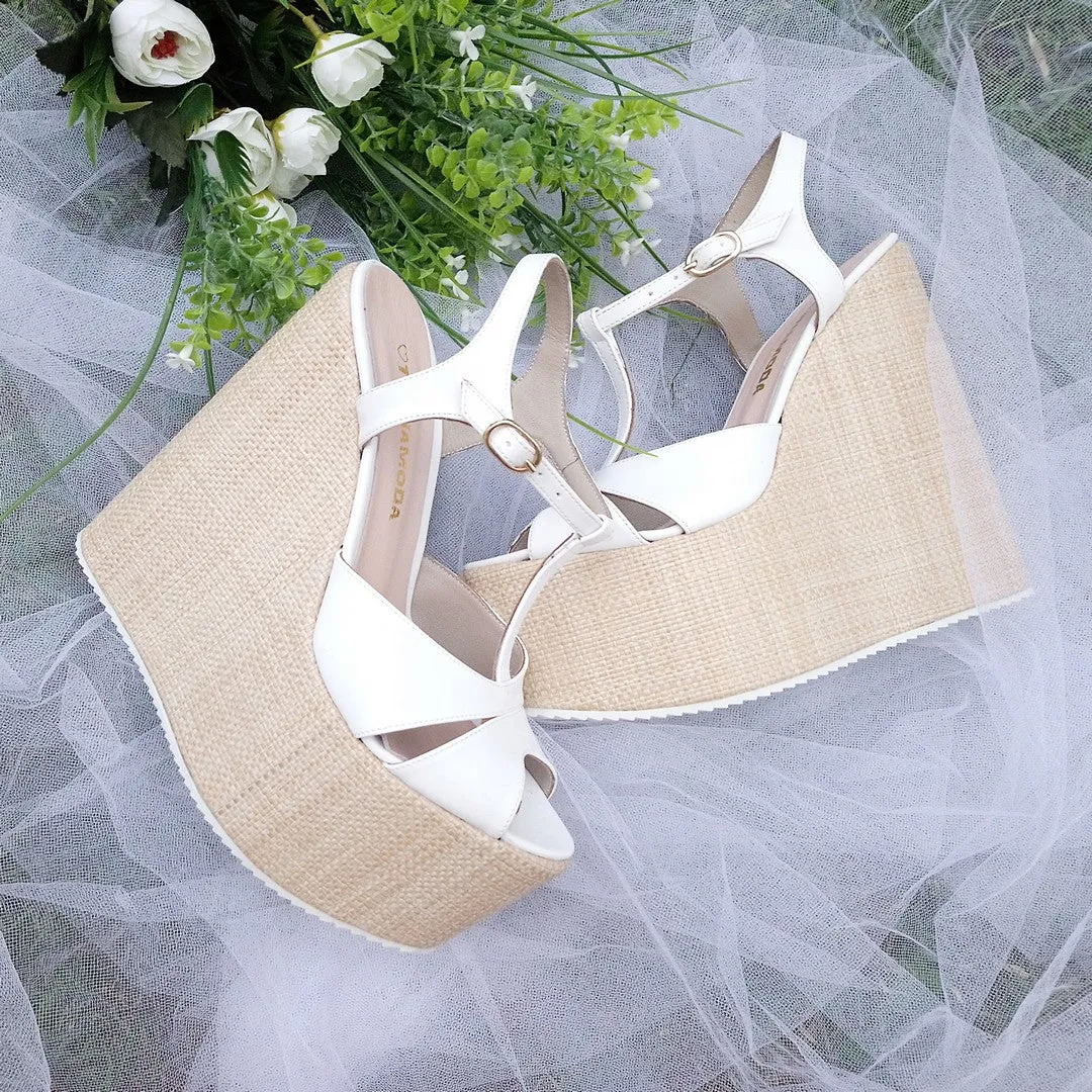 Ankle Strap White Summer High Heel Wedge Sandals