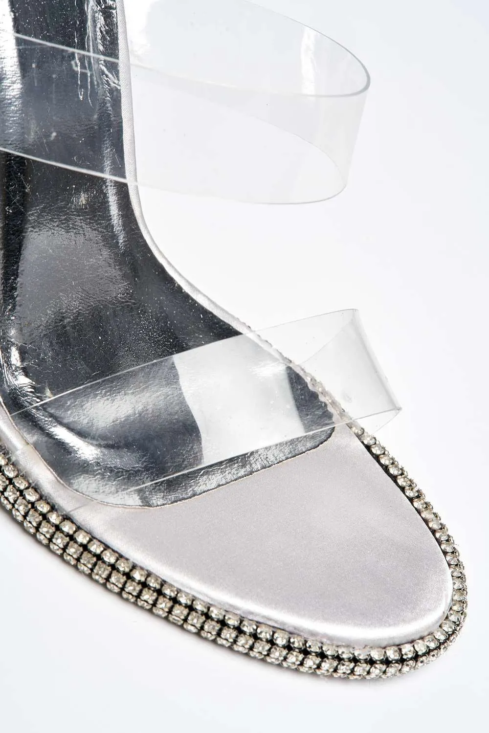 Anneli Diamante Embellished Edges Perspex Heeled Mules in Silver