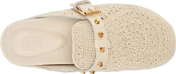 Ash Gioia Talc Crochet Gold Studs Buckle Strap Slip On Round Toe Clogs Slippers