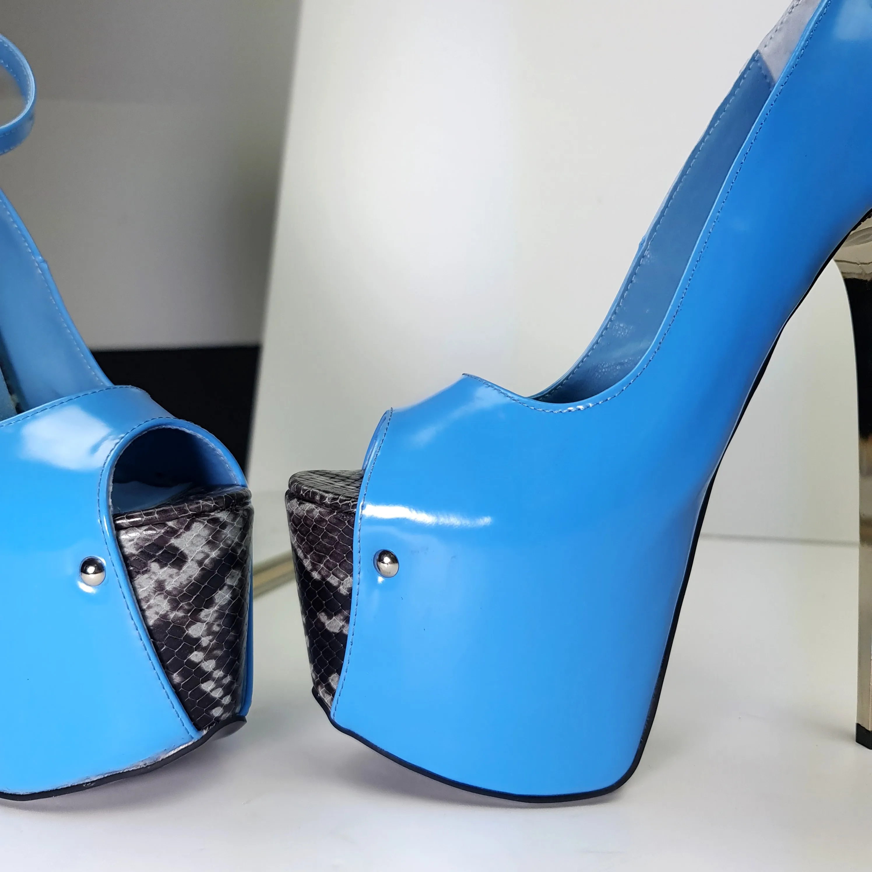 Baby Blue Snake Print Detail Ankle Strap Metallic Heels