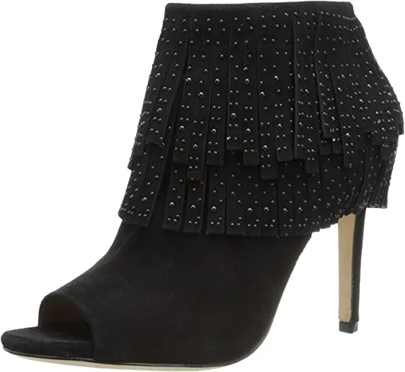 BCBG MAXAZRIA Raimi Bootie Black Suede Peep Toe Fringe High Heel Ankle Boots