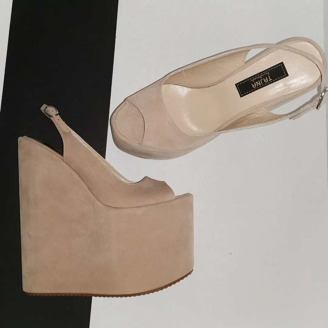 Beige Open Back Peep Toe Wedge Sandals