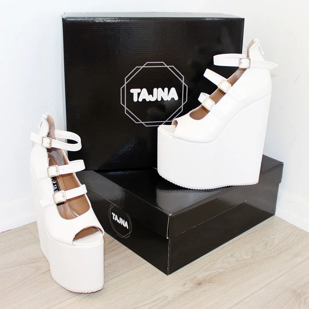 Belted White Peep Toe Wedged Platform Shoes