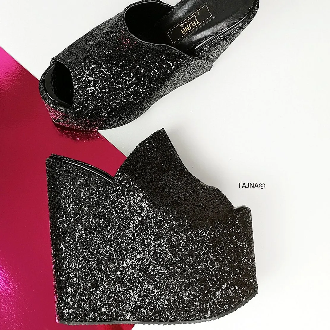 Black Glitter Peep Toe Platform Wedge Mules