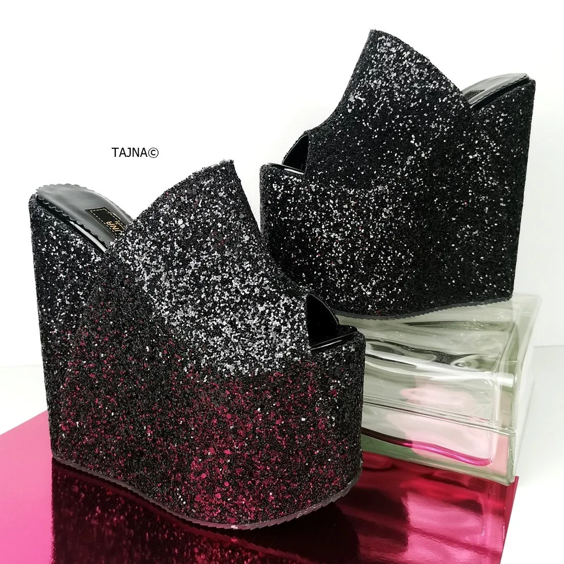 Black Glitter Peep Toe Platform Wedge Mules