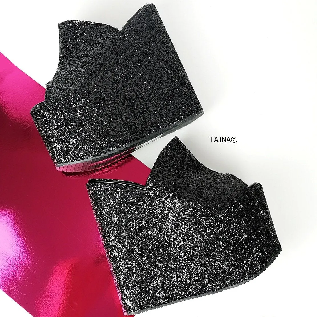 Black Glitter Peep Toe Platform Wedge Mules