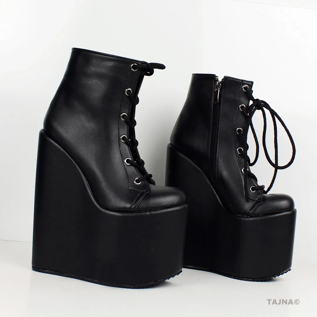 Black Lace Up High Heel Wedge Booties