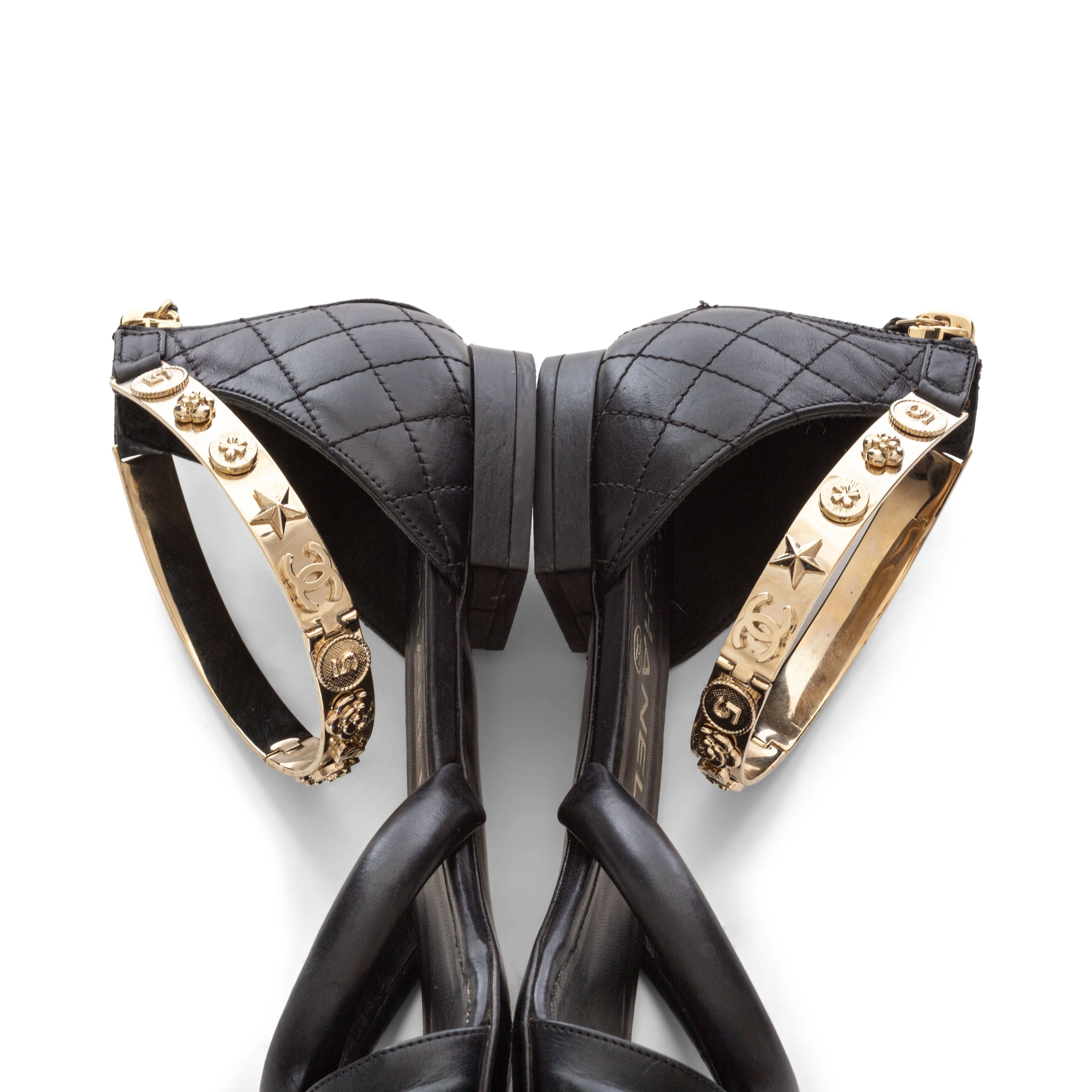 Black Leather Quilted Gold-Tone Charm Sandals 37