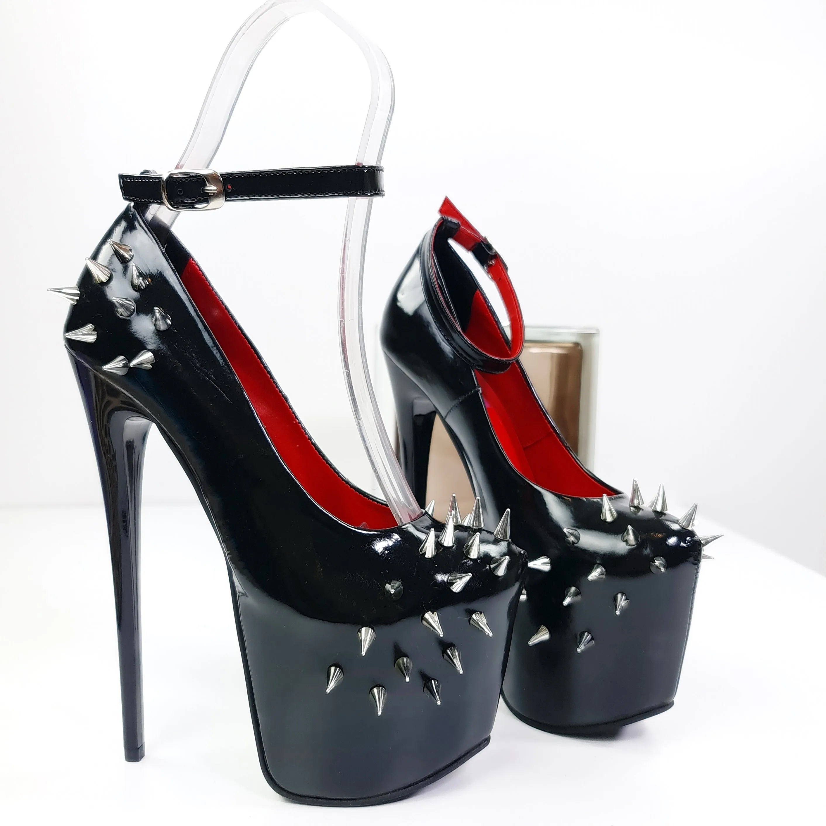 Black Long Spike Ankle Strap Fetish Heels