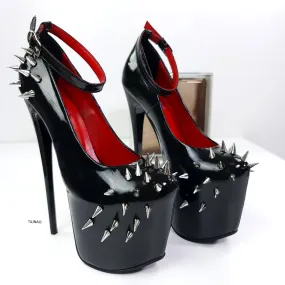 Black Long Spike Ankle Strap Fetish Heels