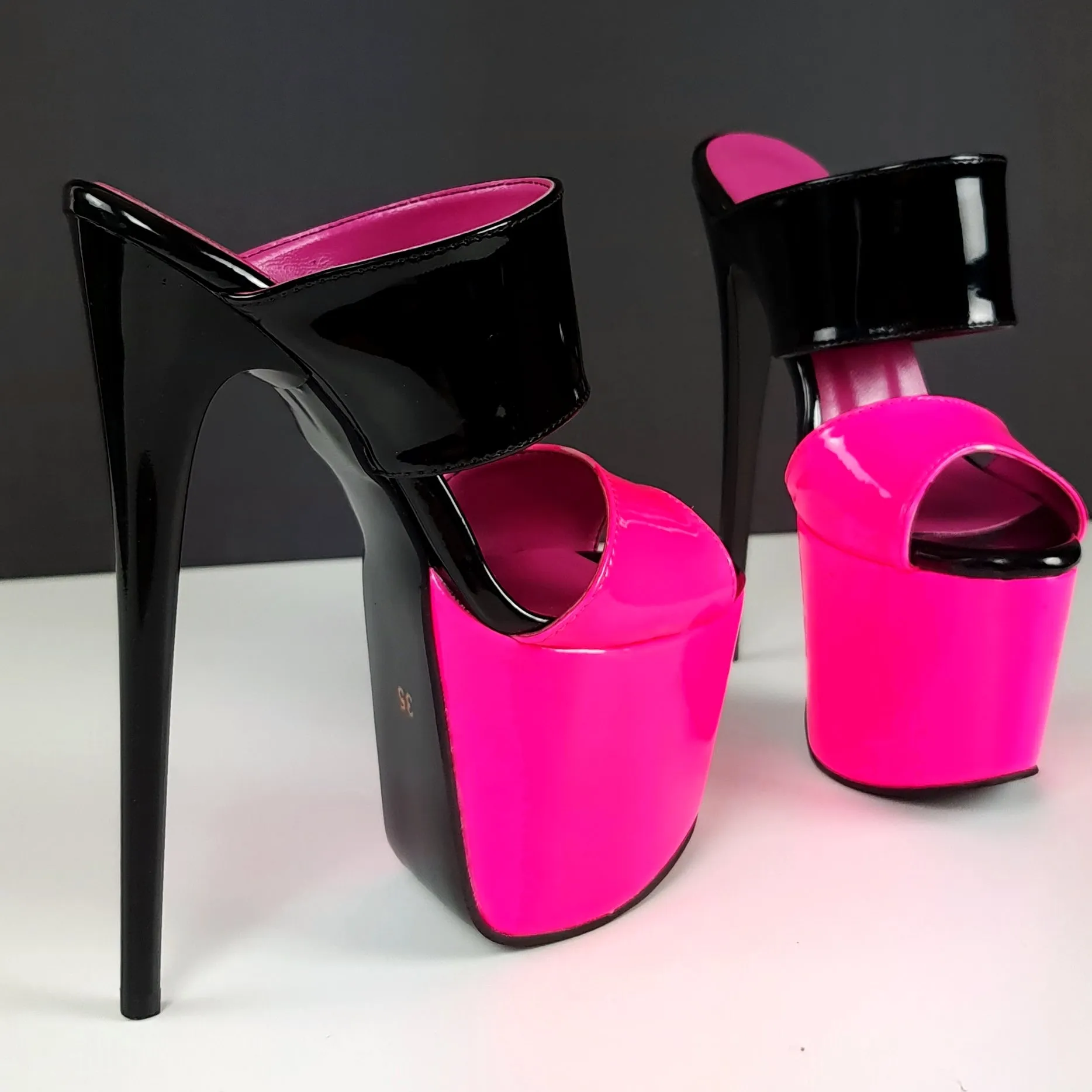 Black Neon Pink Gloss Double Strap Mules