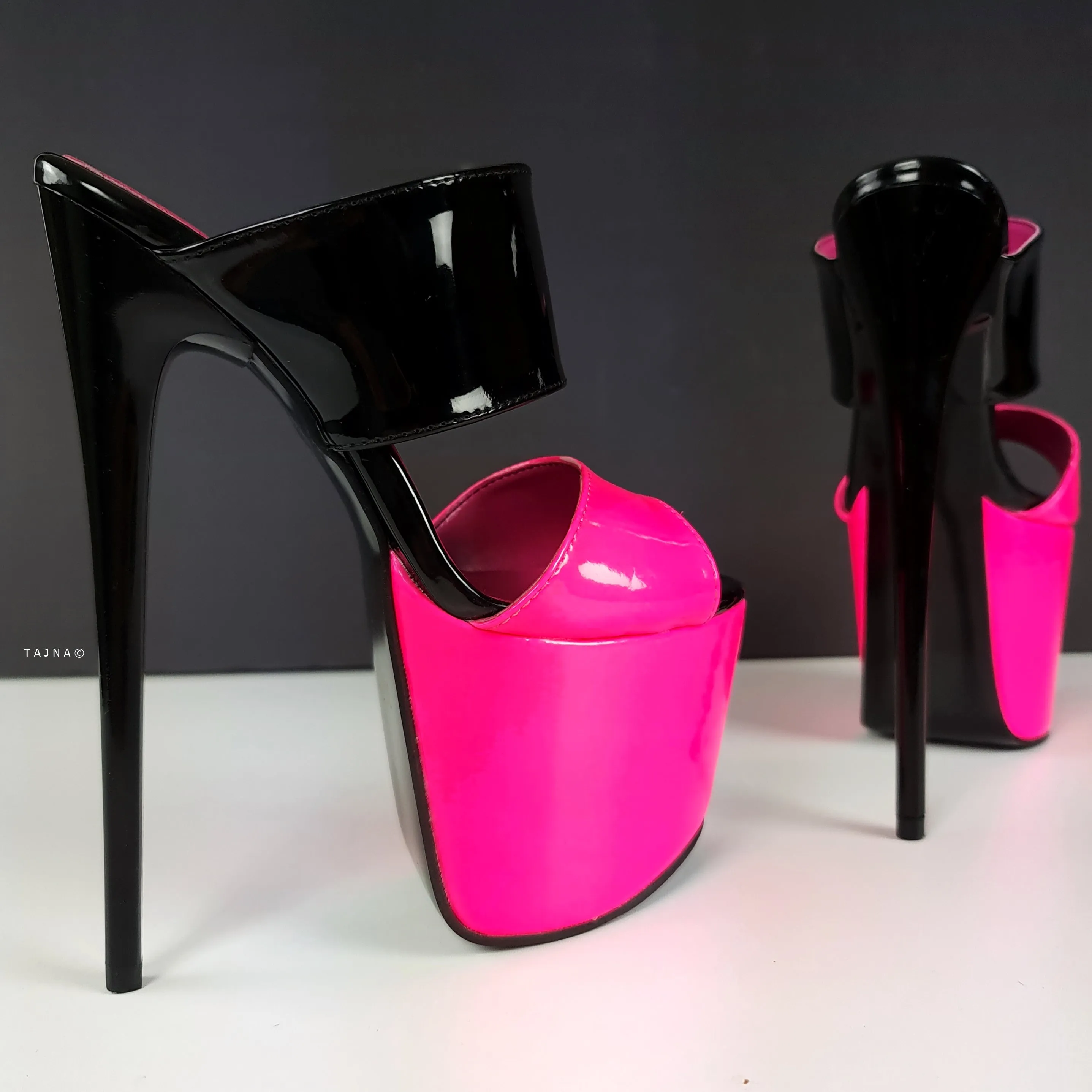 Black Neon Pink Gloss Double Strap Mules