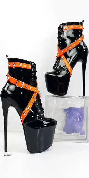 Black Orange Gloss Spike Rocker Boots