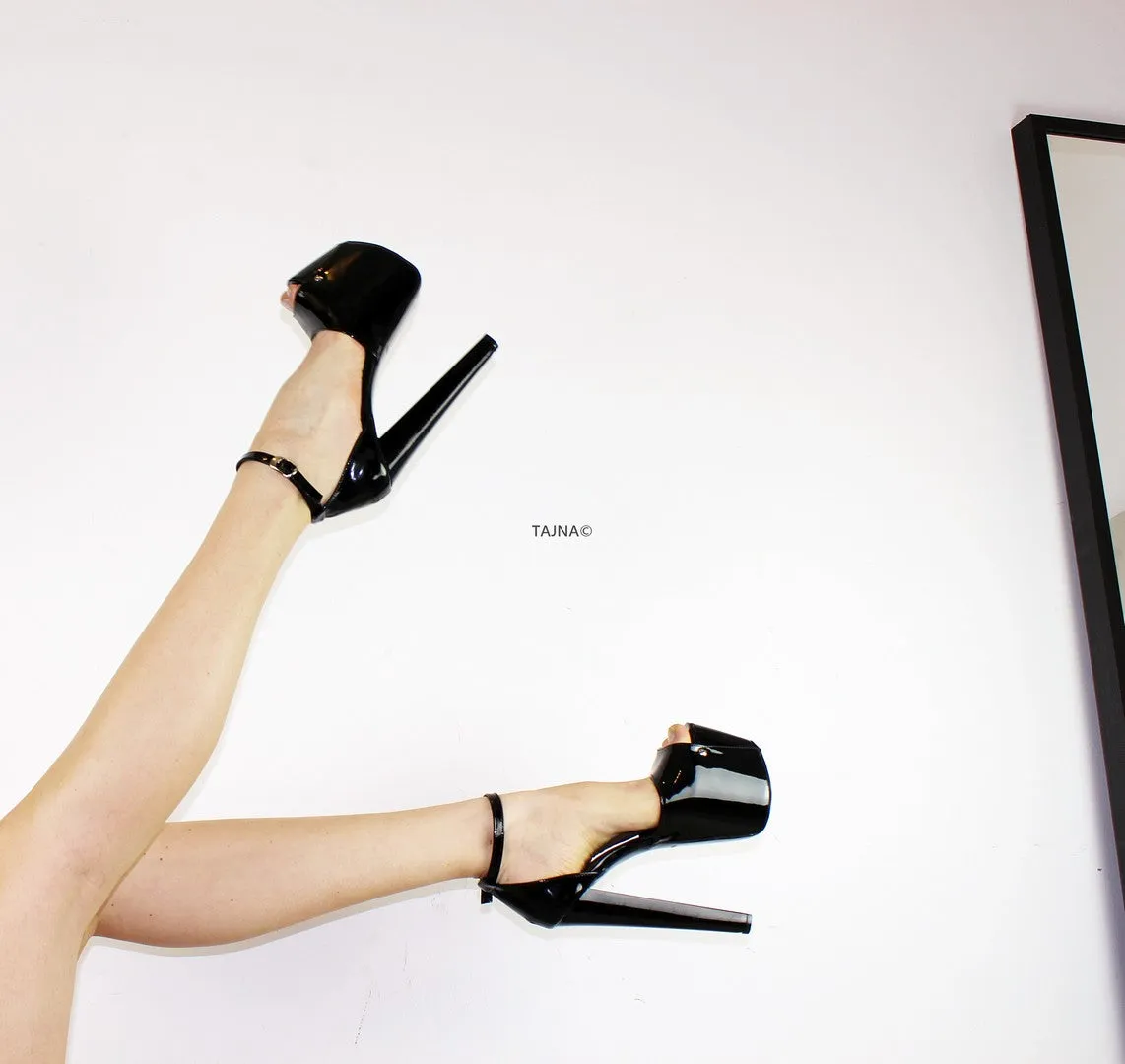 Black Patent Ankle Strap Thick Heels