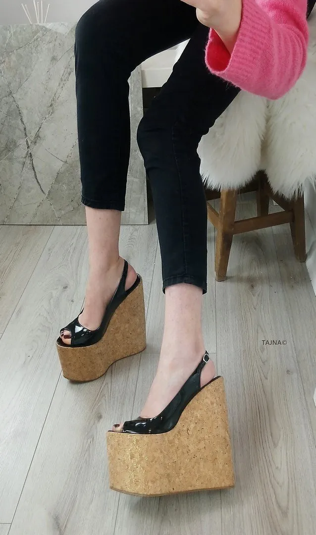 Black Patent Cork Platform Wedge Sandals