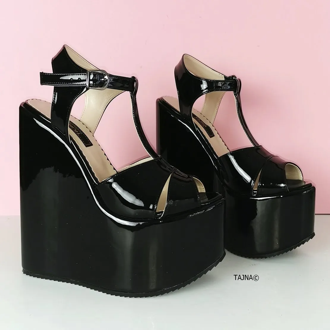 Black Patent Extreme Heel Wedge Sandals