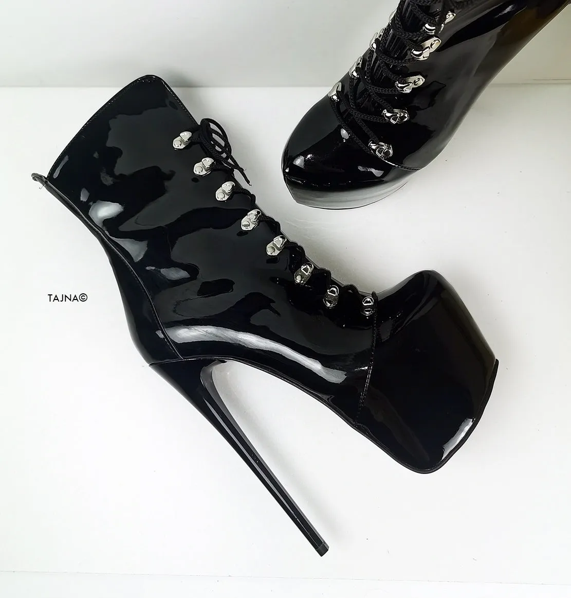 Black Patent Military Style Lace Up Boots