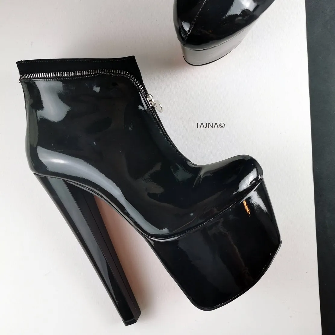 Black Patent Zipper Detail Ankle Boots