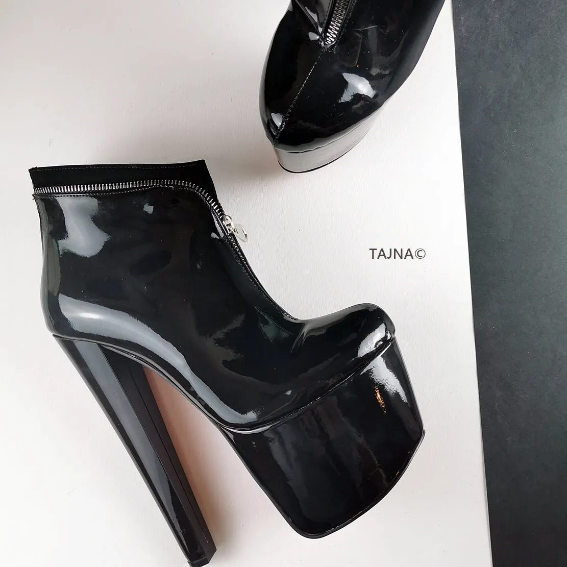 Black Patent Zipper Detail Ankle Boots