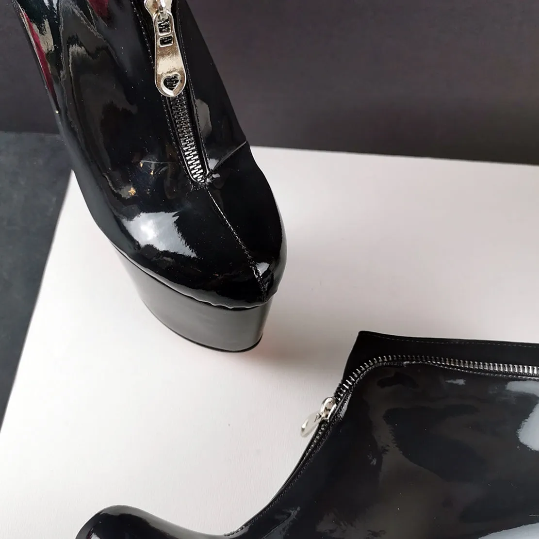 Black Patent Zipper Detail Ankle Boots