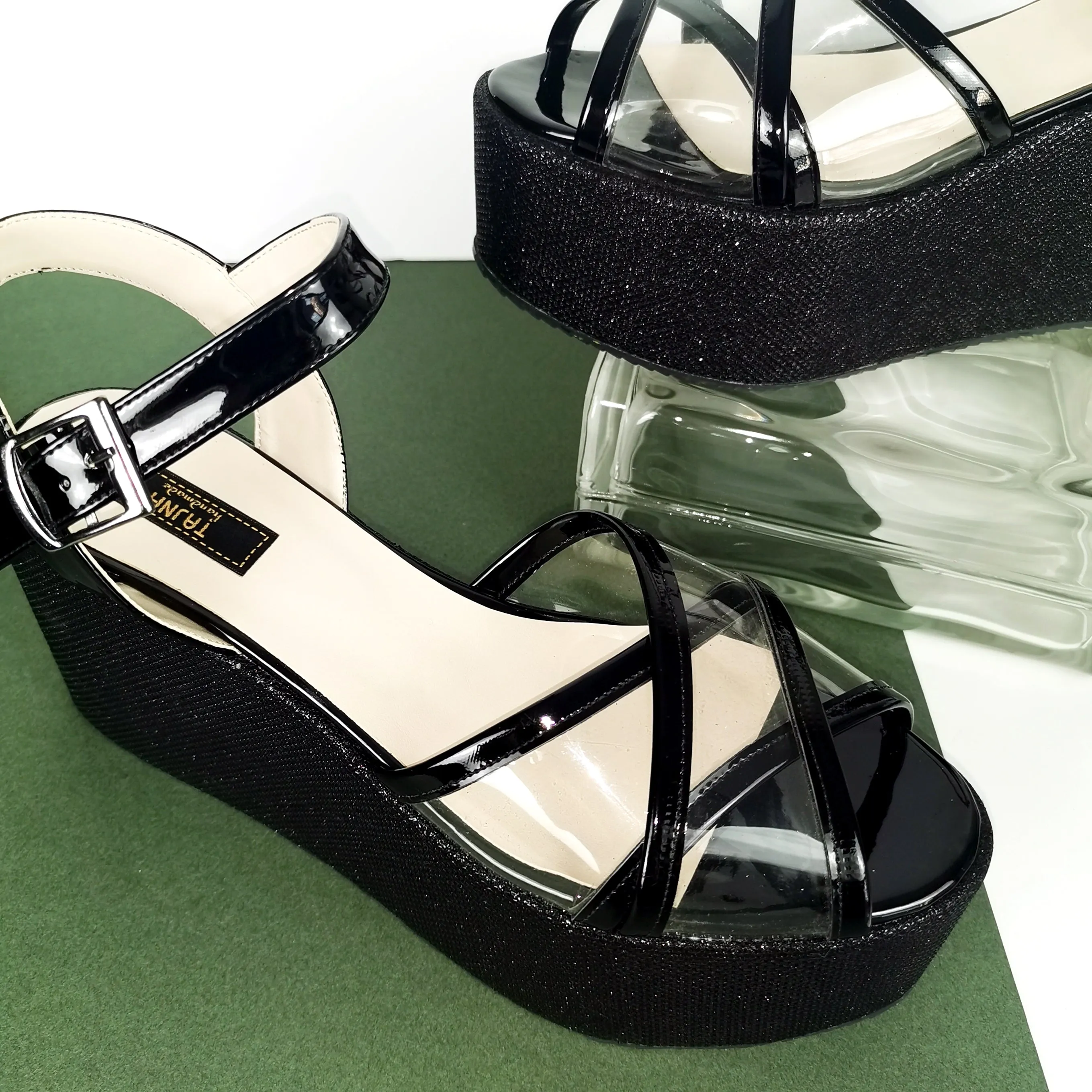 Black Shiny Transparent Strap Wedge Sandals