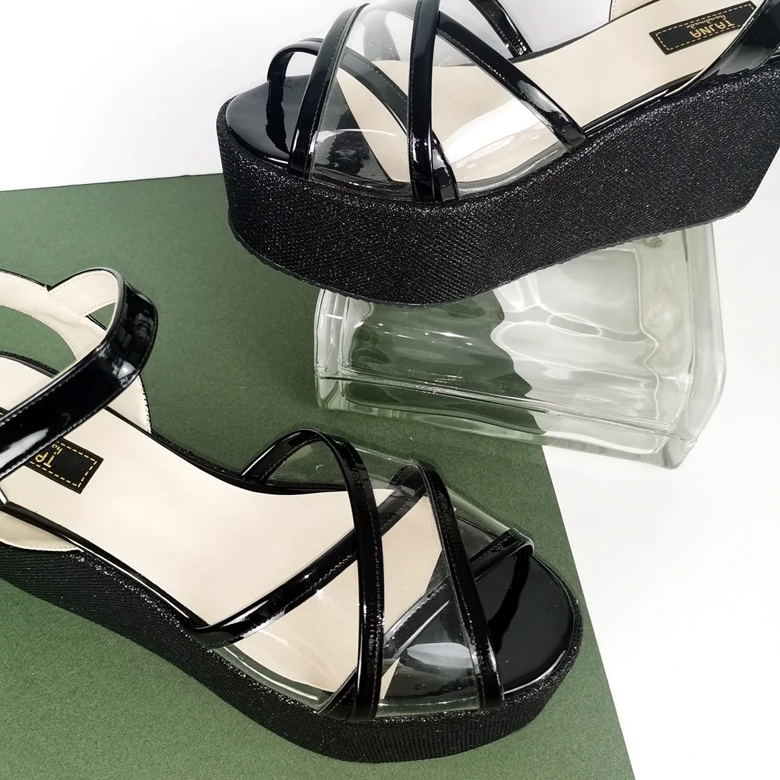 Black Shiny Transparent Strap Wedge Sandals