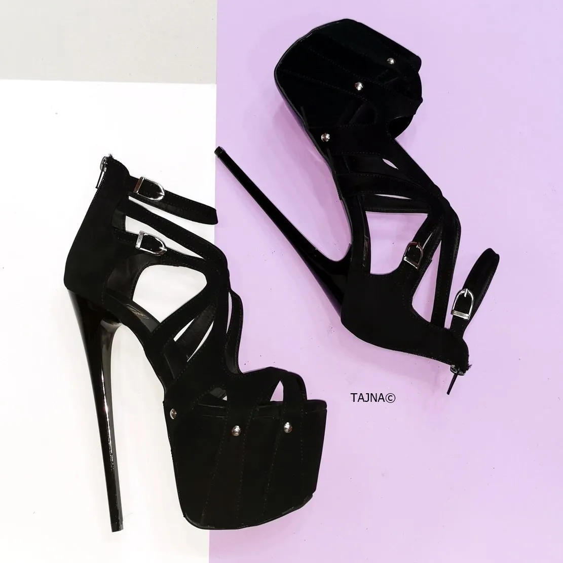 Black Suede Cage Design Platform Heels