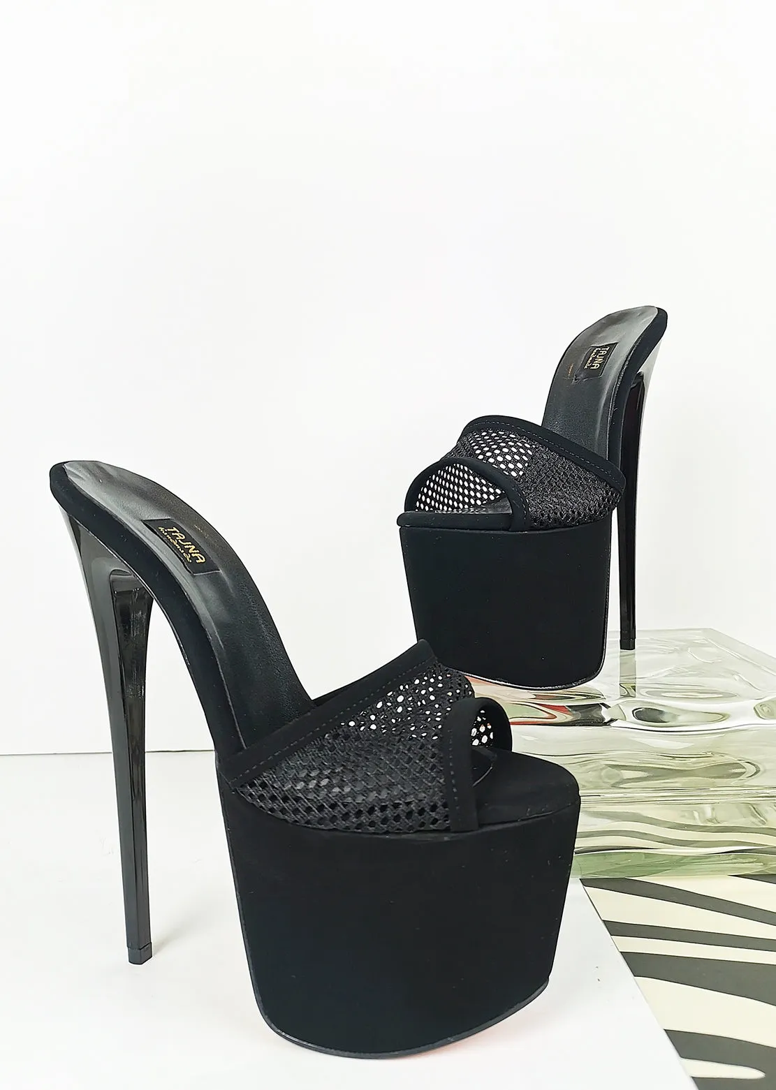 Black Suede Fishnet High Heel Mules