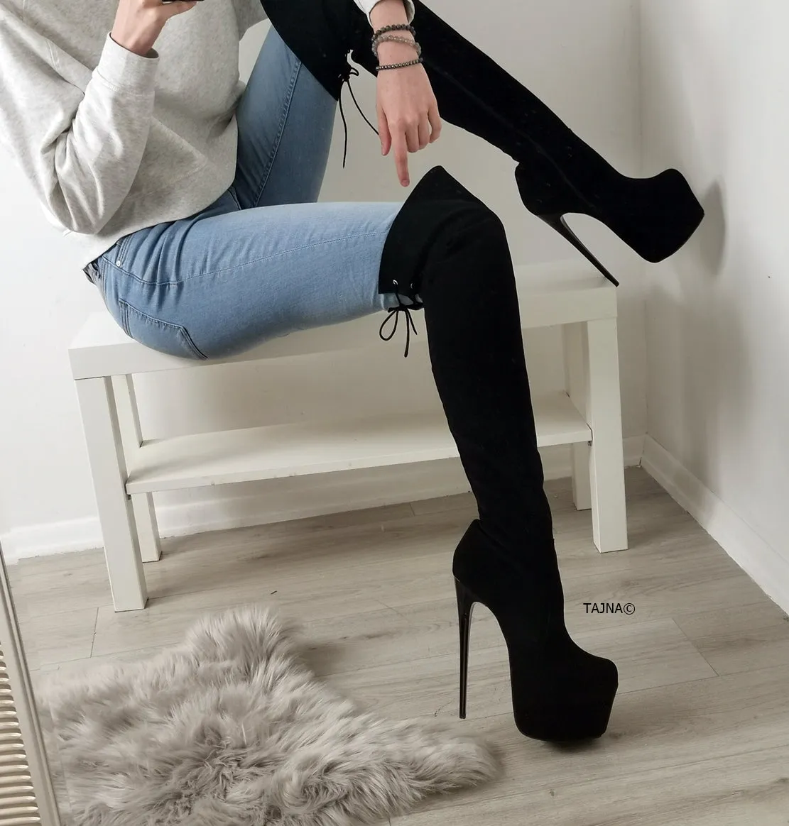 Black Suede Over Knees High Heel Boots