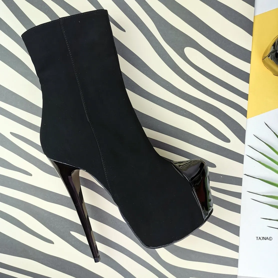 Black Suede Patent Detail Ankle Boots