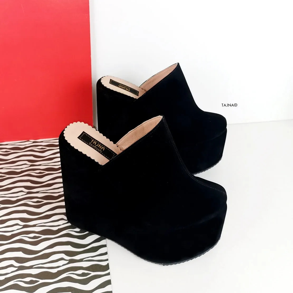 Black Suede Platform Sabo Wedge Mules