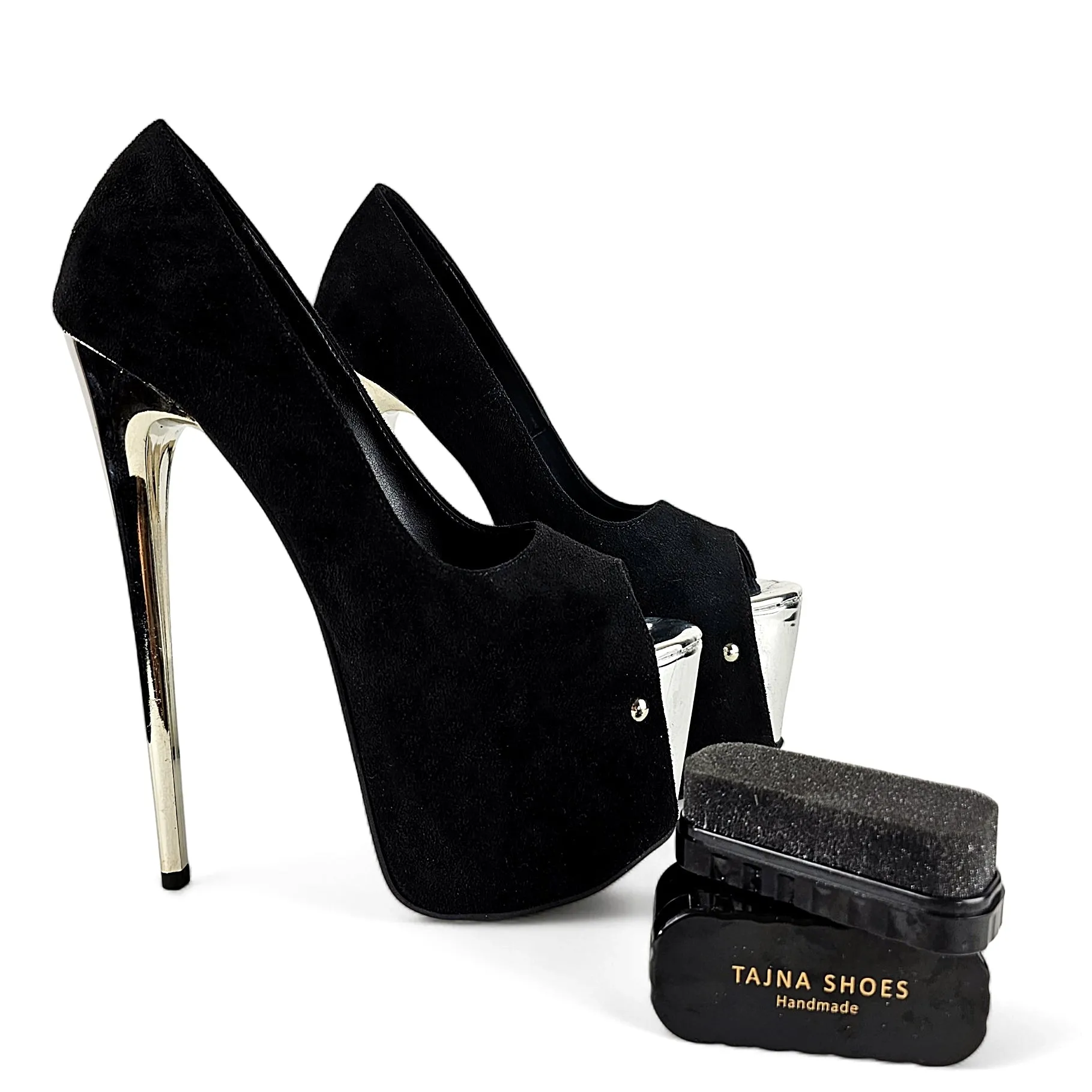 Black Suede Silver Detail Metallic Heels Open Toe