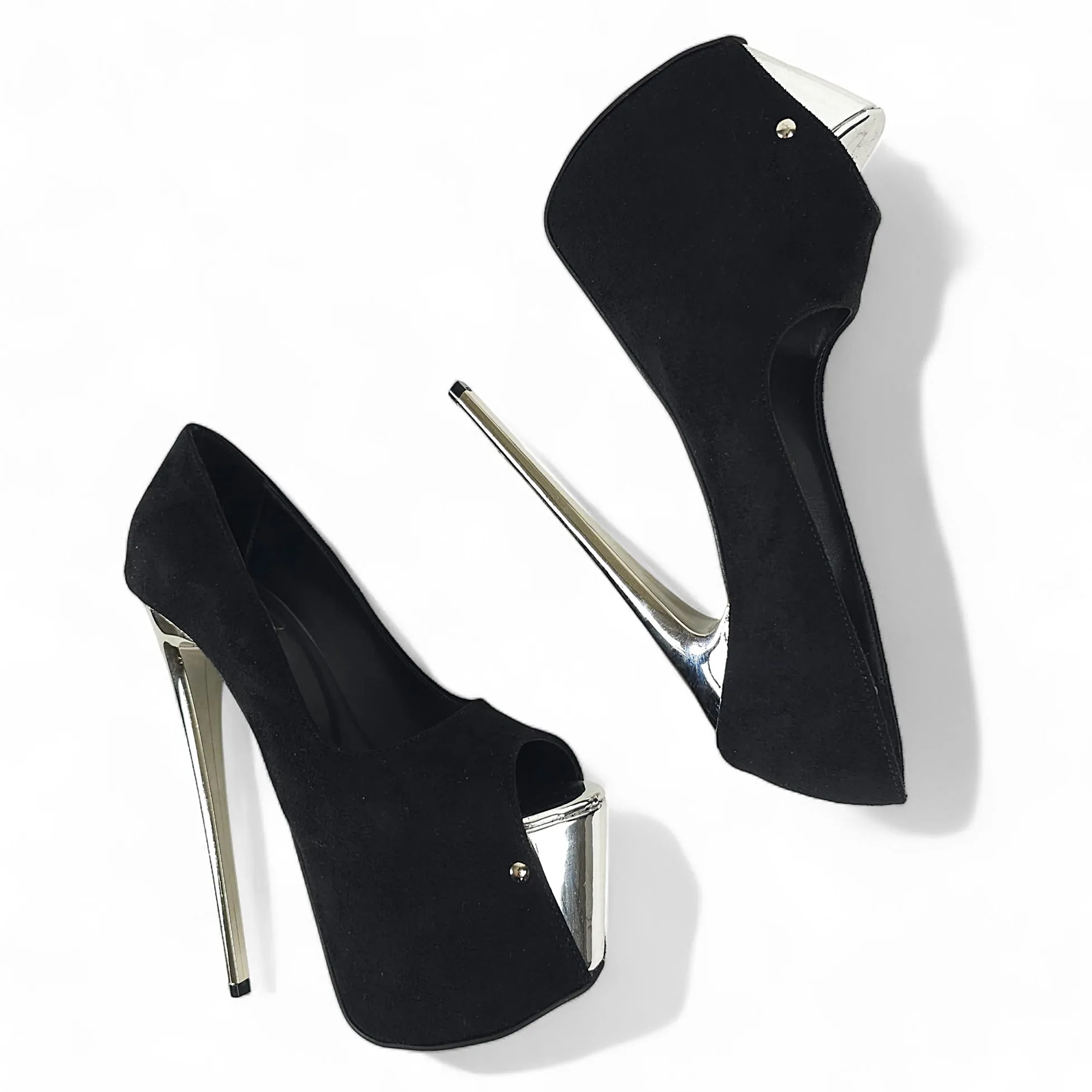 Black Suede Silver Detail Metallic Heels Open Toe