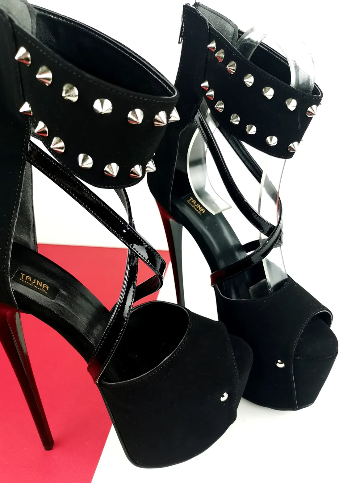 Black Suede Spike Strap High Heels