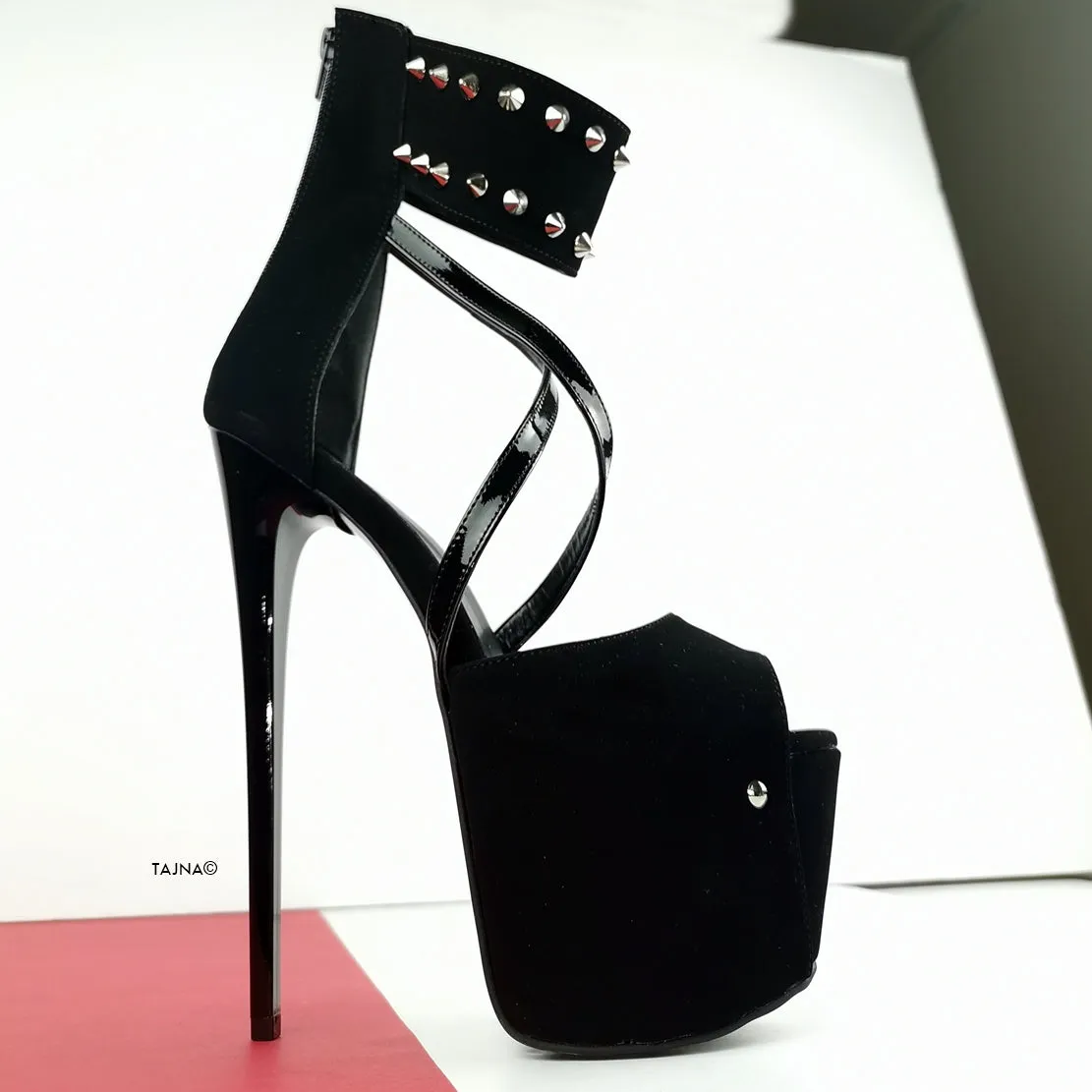 Black Suede Spike Strap High Heels