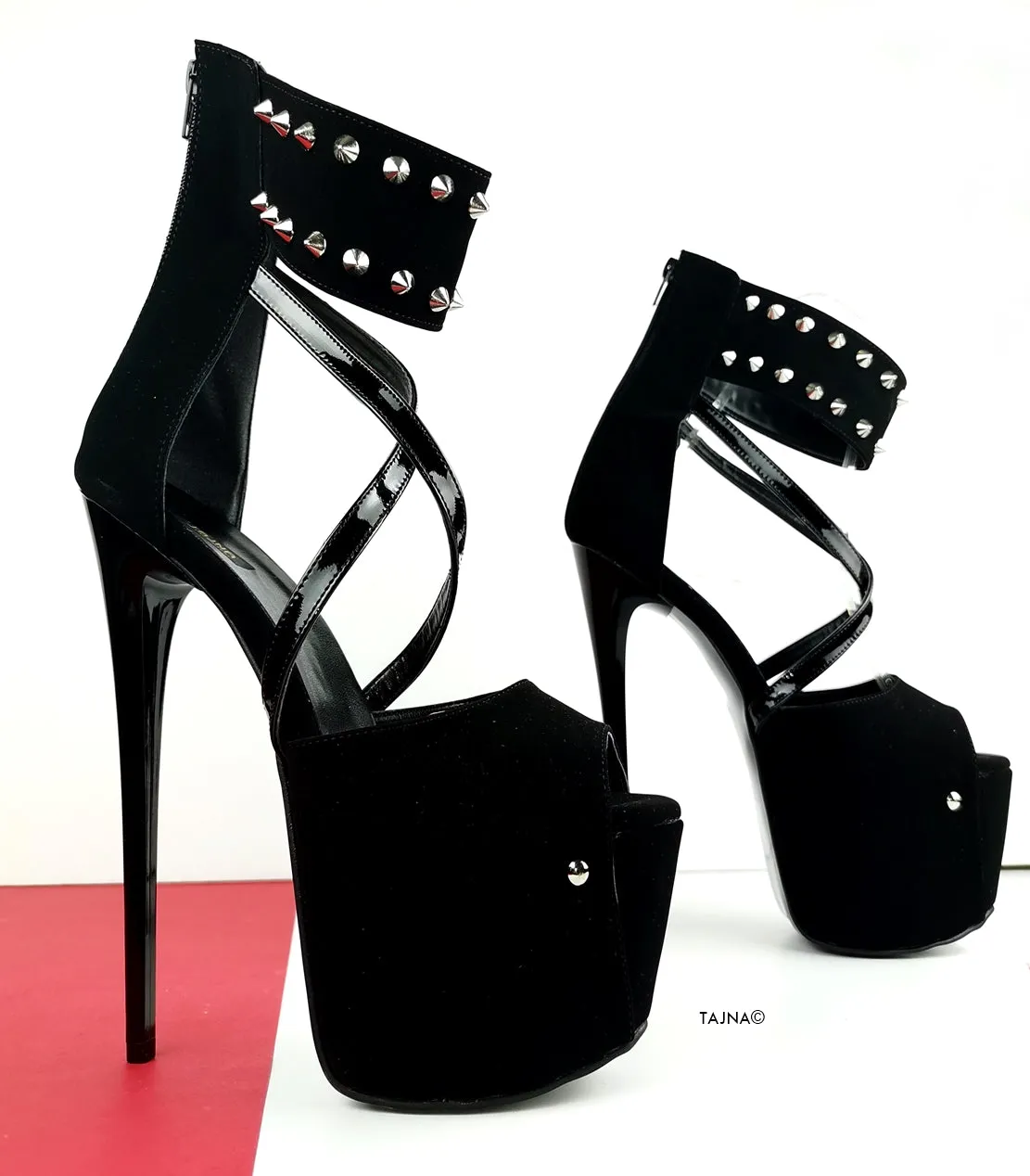 Black Suede Spike Strap High Heels