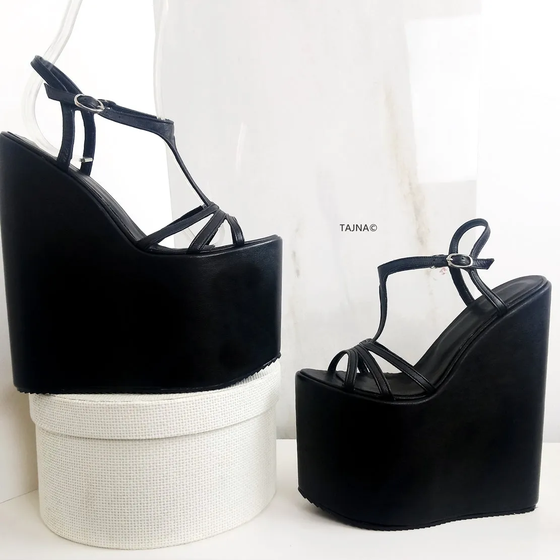 Black Thin Cross Strap Platform Wedge Sandals