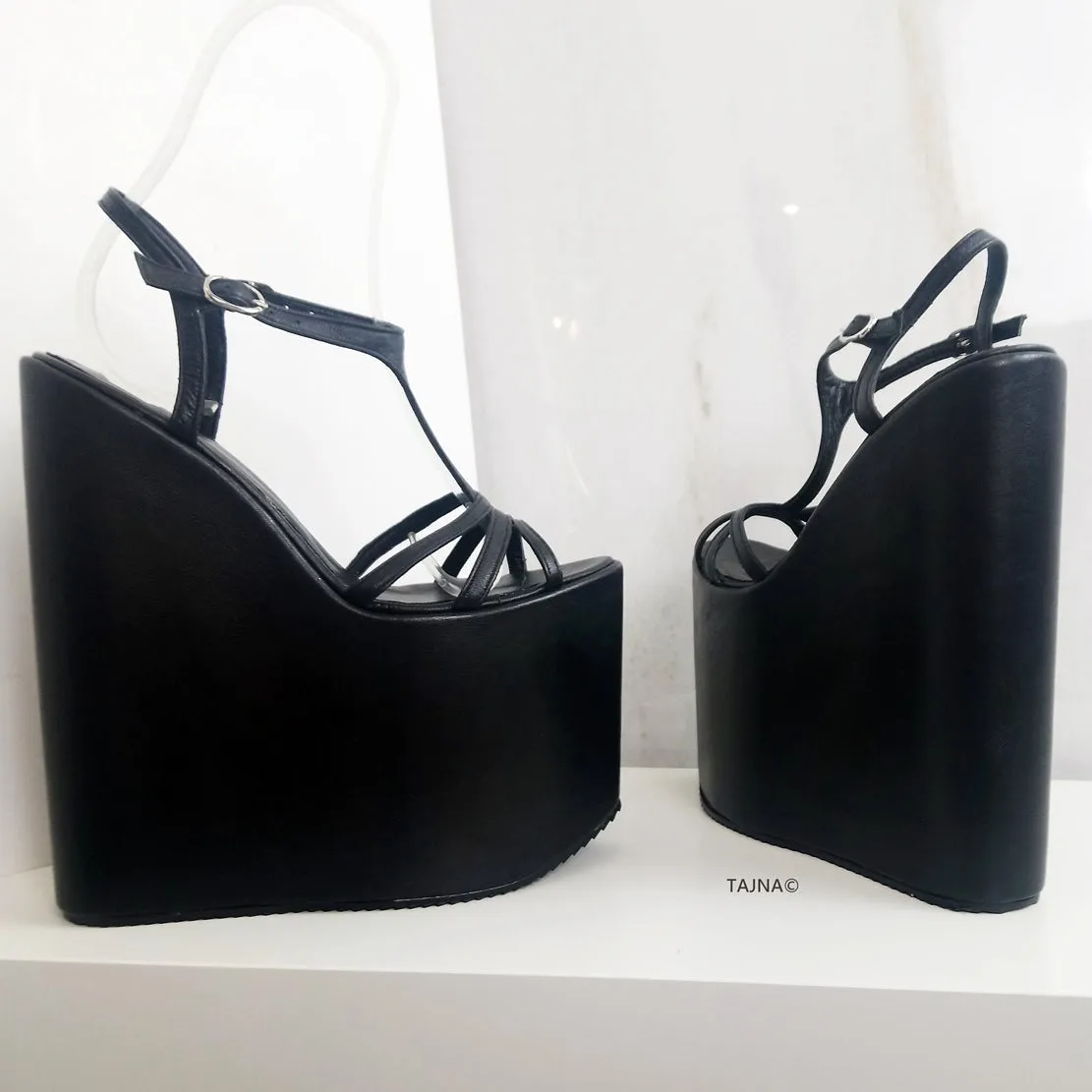 Black Thin Cross Strap Platform Wedge Sandals