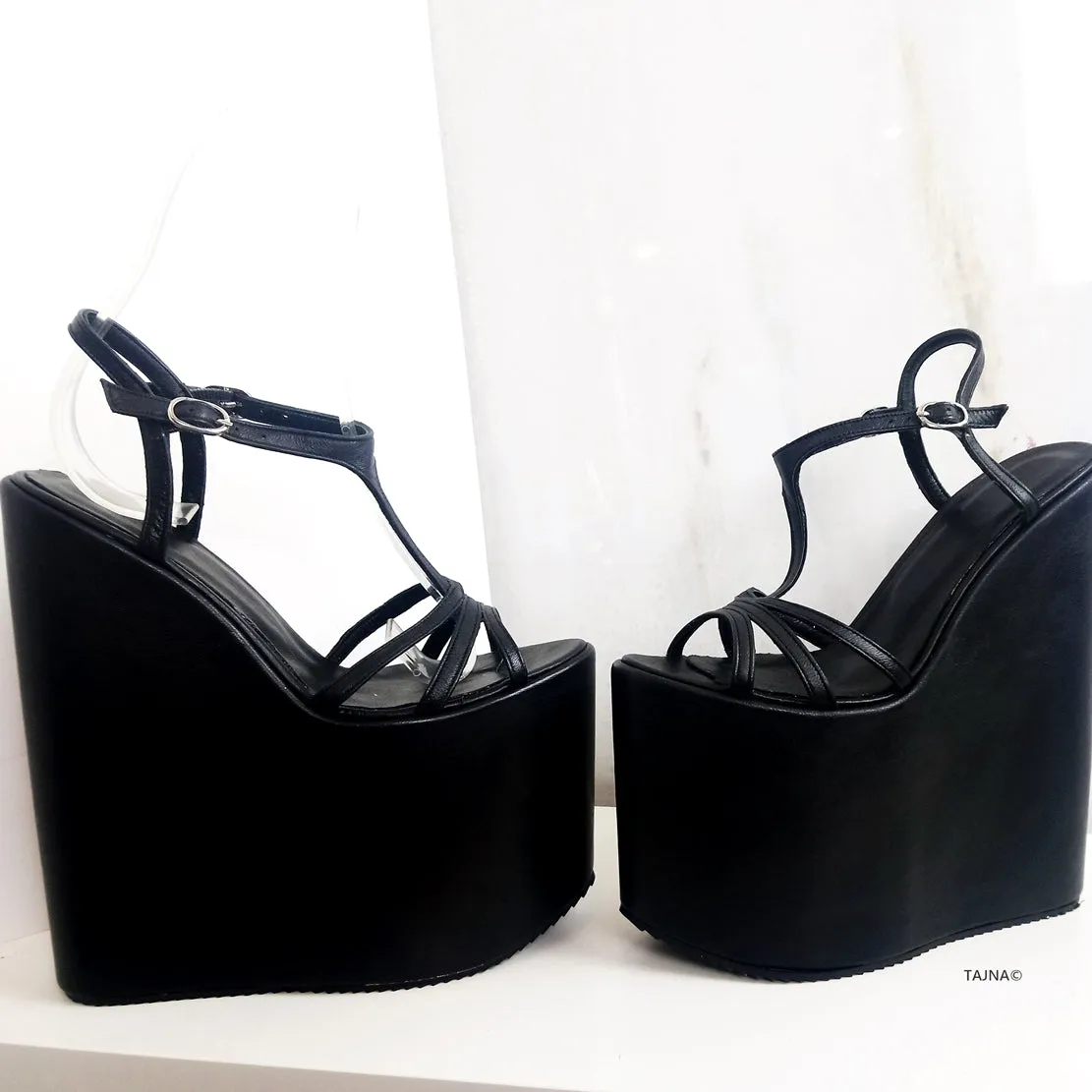 Black Thin Cross Strap Platform Wedge Sandals