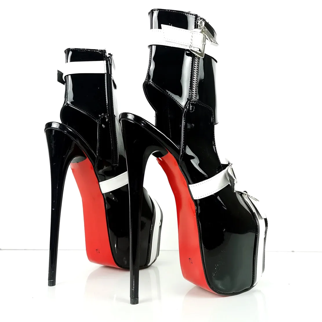 Black White Patent Belted Ankle Heels